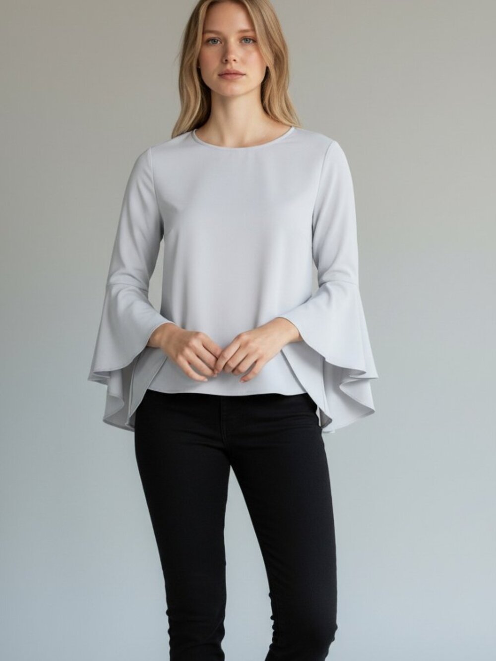 Catherine Malandrino Button Light Blue Grey Bell Sleeves Top size Large